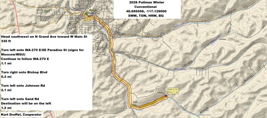 Map of directions to Pullman field site. Head southwest on N Grand Ave toward W Main St, 335 ft. Turn left onto WA-270 E/SE Paradise St. Continue to follow WA-270 E, 1.1 miles. Turn right onto Bishop Blvd, 0.3 miles. Turn left onto Johnson Rd, 2.1 miles. Turn left onto Sand Rd. Destination will be on the left, 1.2 miles.