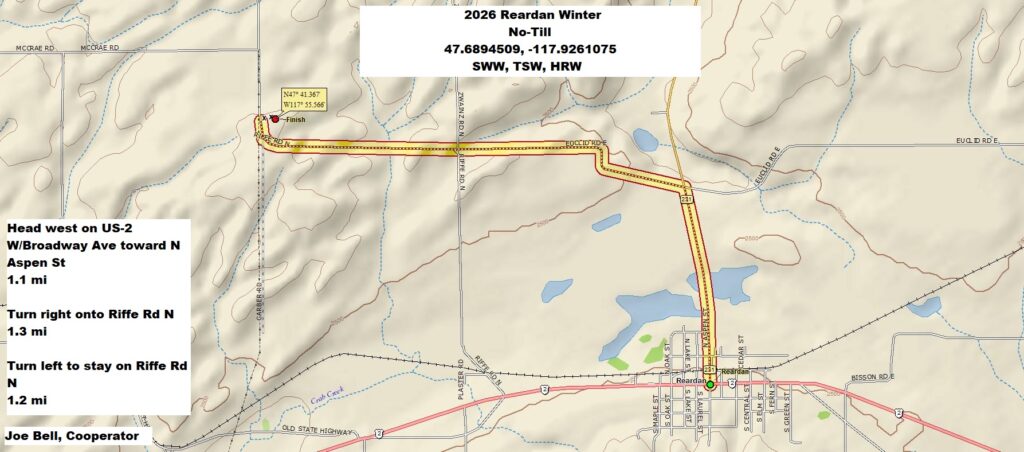 Map of directions to Reardan field site.  From Reardan, head west on US-2 W/Broadway Ave toward N Aspen St, 1.1 miles Turn right onto Riffe Rd N, 1.3 miles. Turn left to stay on Riffe Rd N, 1.2 miles. 
