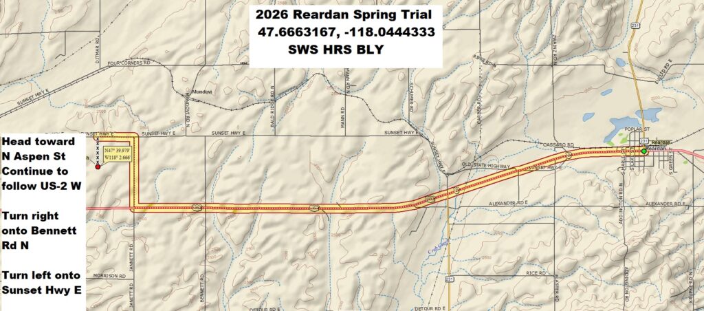 Map with driving directions to Reardan spring trial site. Head toward N Aspen St. Continue to follow US-2 W, 6.4 mi. Turn right onto Bennett Rd N, 1.0 mi. Turn left onto Sunset Hwy E, 1.5 mi, to 47.6663167, -118.0444333.