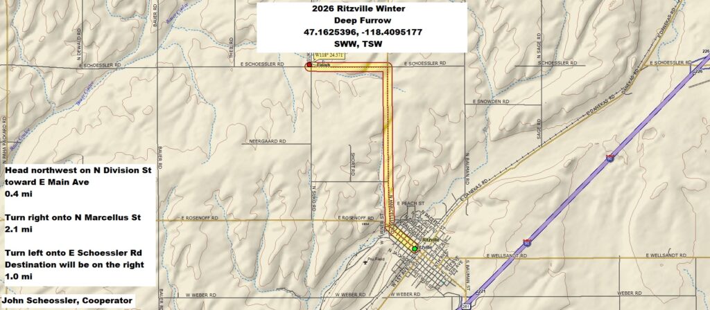 Map of directions to Ritzville field site. Head northwest on N Division St toward E Main Ave, 0.4 miles. Turn right onto N Marcellus St, 2.1 miles. Turn left onto E Schoessler Rd. Destination will be on the right, 1.0 miles.