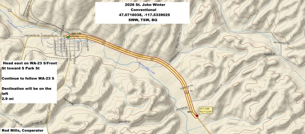 Map of directions to St. John field site. From St. John, head east on WA-23 S/Front St toward S Park St. Continue to follow WA-23 S. Destination will be on the left, 2.9 miles.