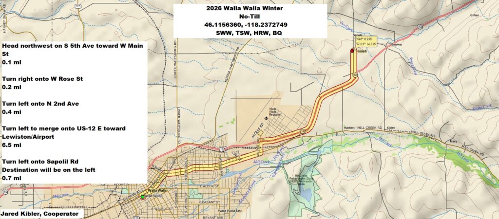 Map of directions to Walla Walla field site. Head northwest on S 5th Ave toward W Main St, 0.1 miles. Turn right onto W Rose St, 0.2 miles. Turn left onto N 2nd Ave, 0.4 miles. Turn left to merge onto US-12 toward Lewiston/Airport, 6.5 miles. Turn left onto Sapolil Rd. Destination will be on the left, 0.7 miles.