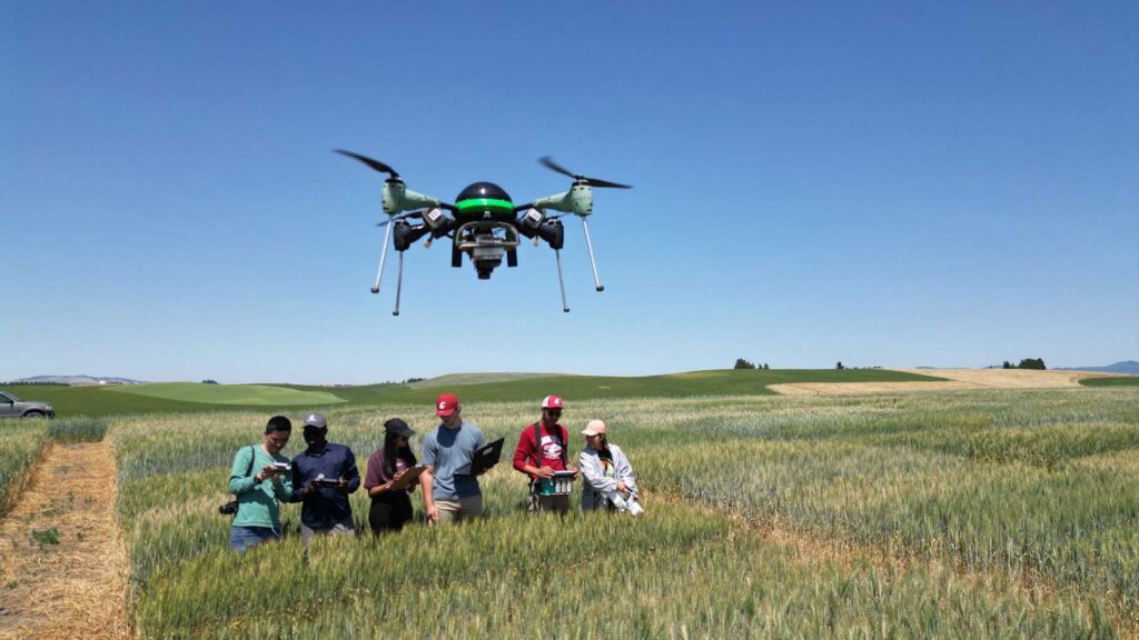 Students in a field flying a drone.