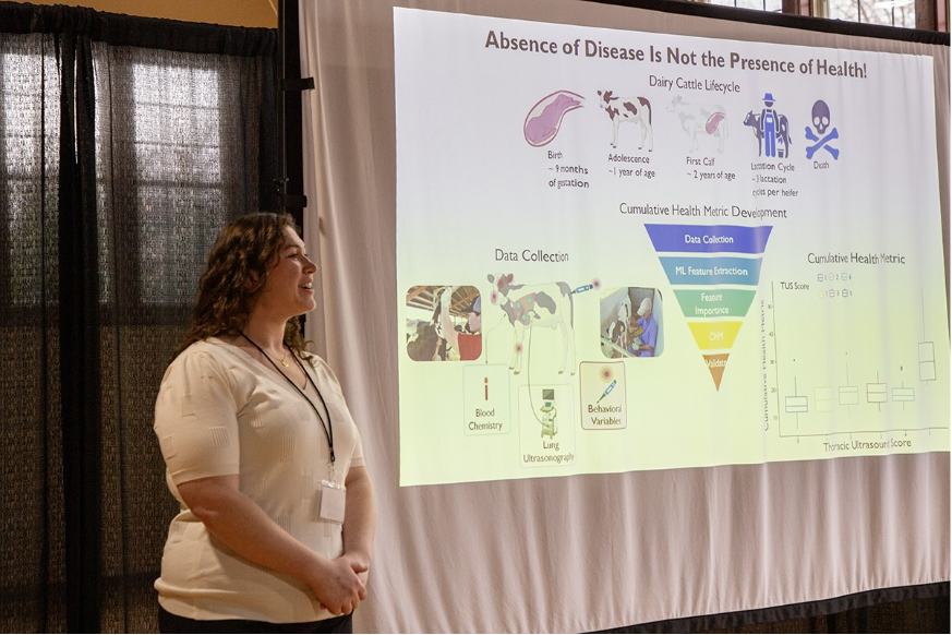 Person standing next to a projector giving a presentation.