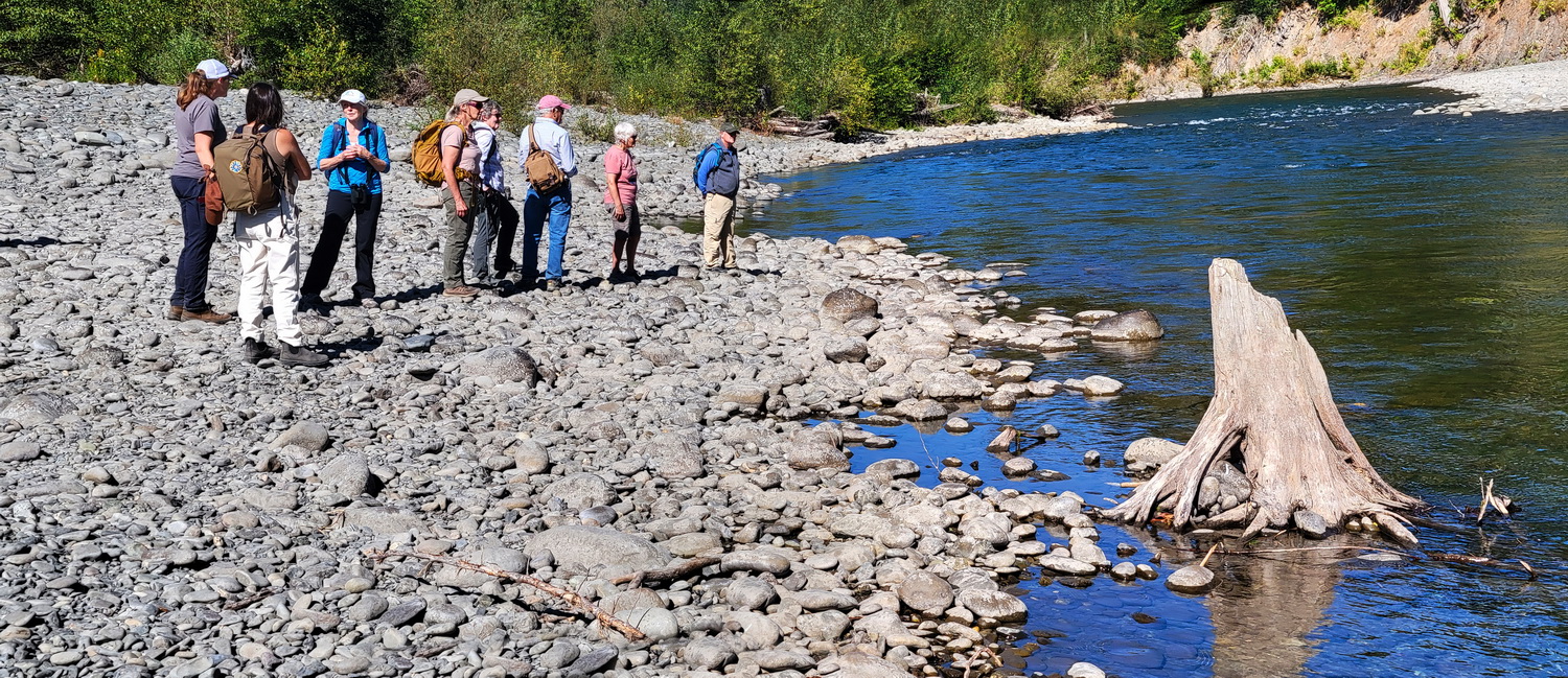 Panoramic shot of people on the shore of a river