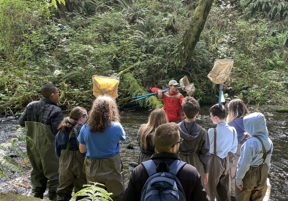 People standing on either side of a trail in a forest
