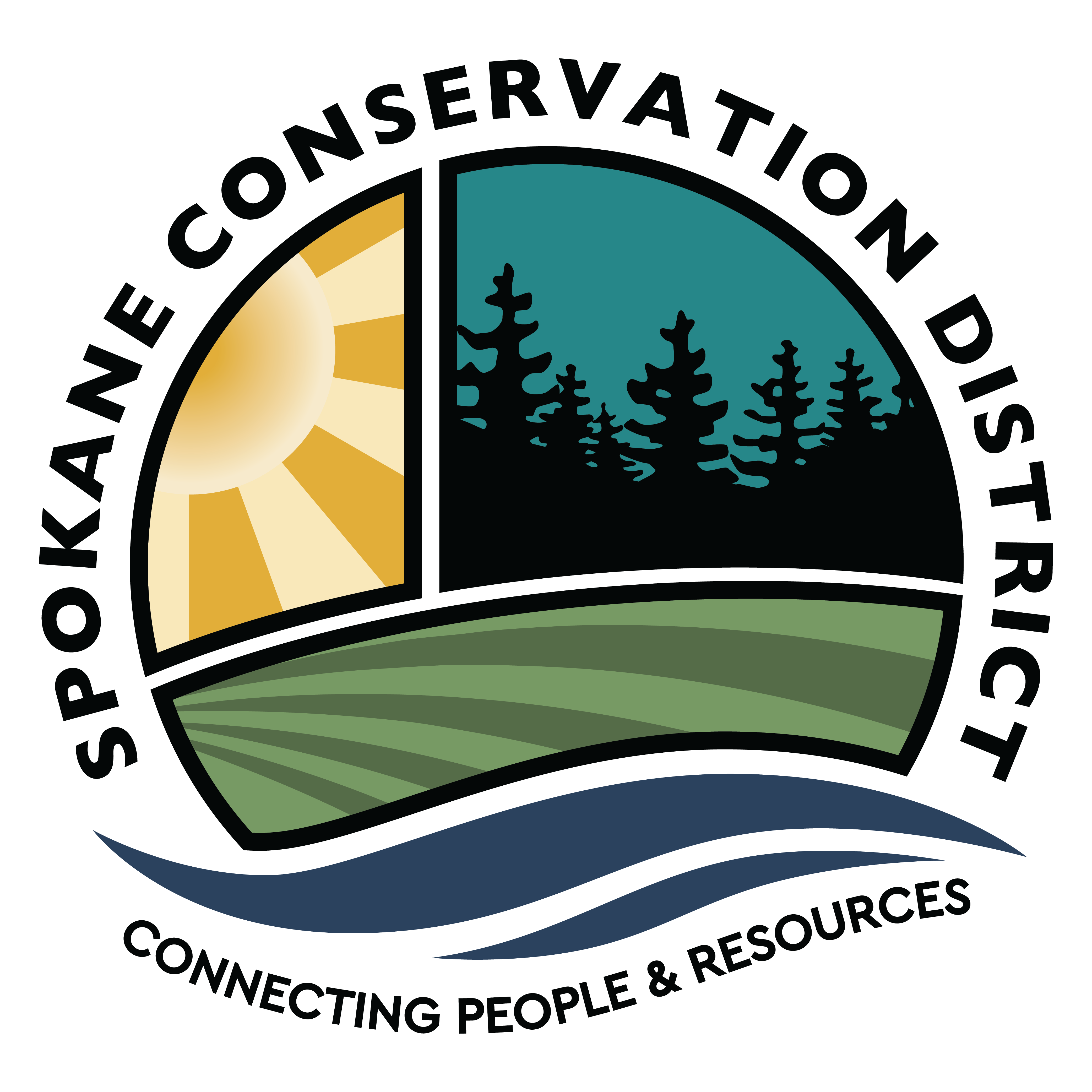 Logo for Spokane Conservation District featuring a river, field, trees, and the sun.