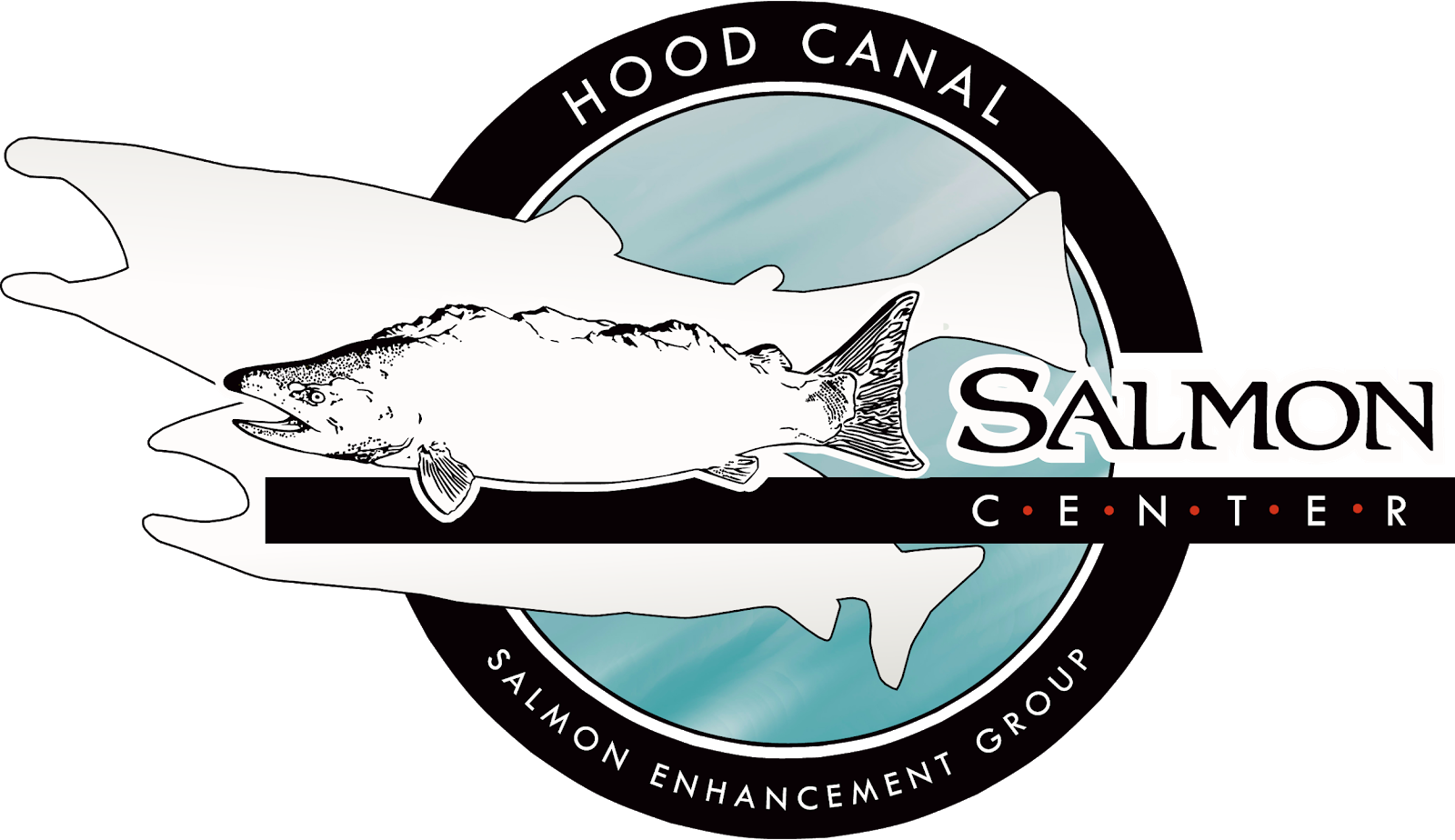 Hood Canal Salmon Enhancement Group logo that includes three salmon superimposed on a circle containing the organization name.