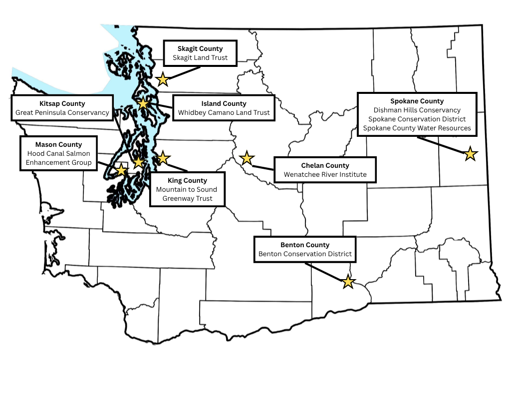 Map of Washington with Washington State Naturalist partner organizations and their counties.