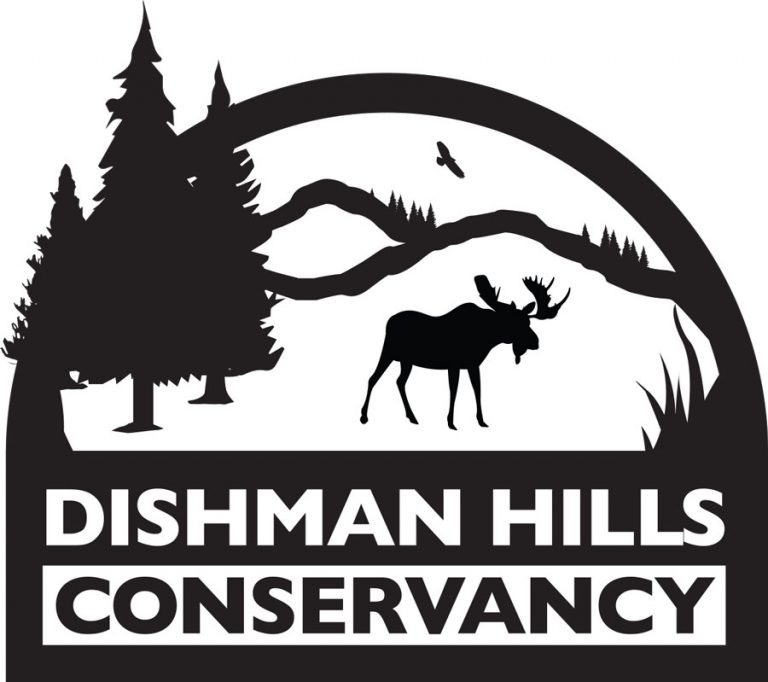 Black logo of Dishman Hills Conservancy, featuring a moose and pine trees