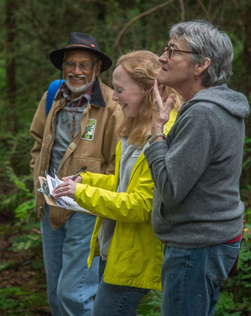 Three volunteers stand smiling in a row and talking in the woods. The middle woman holds a clipboard