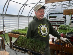 Mike Hackett wears a green sweatshirt that says Growing Veterans while standing in a greenhouse and holding a tray of young plants.