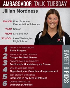 Graphic of student's interests with a formal portrait photo.