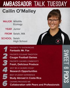 Graphic of student's interests with a formal portrait photo.