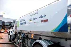 Biofuel truck with hose at airport