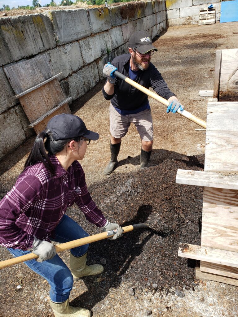 2 people hold shovels, moving brown wood chips from a wooden crate onto the ground.