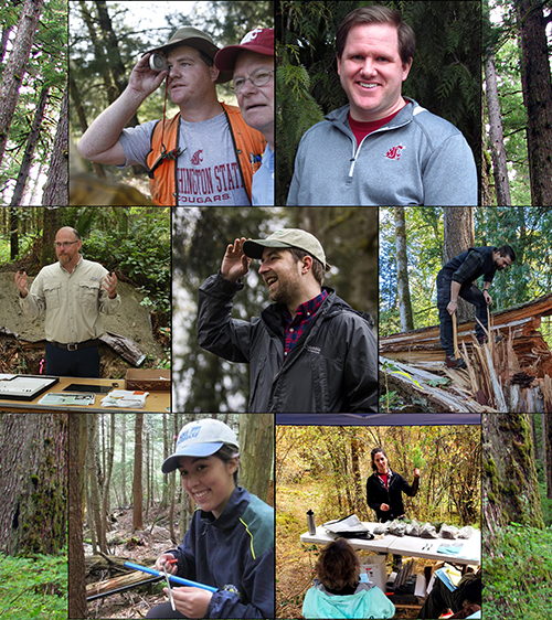 A photo collage of individual Extension members at field days, working outdoors, head shot portraits