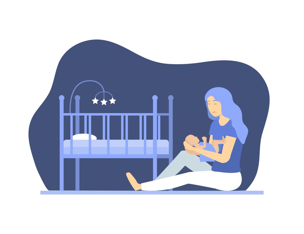 Cartoon Depressed Woman with Newborn