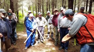 Course participants look on in an in-woods visit, as an instructor shows a trunk section.