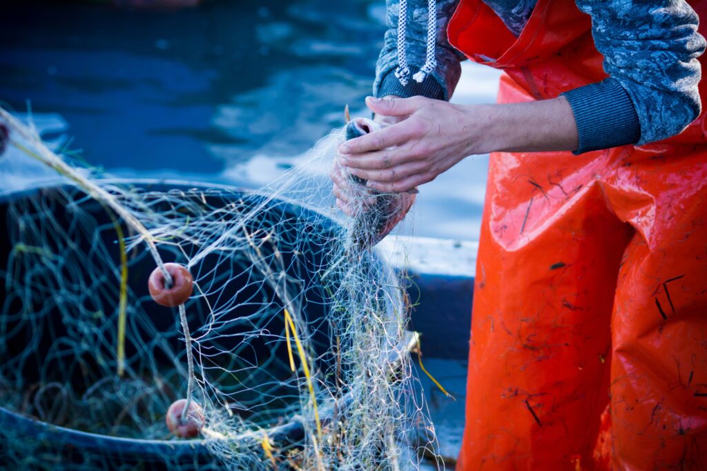 Shot of red-overalled fisherman's arms cleaning a net with a fish, aboard a fishing boat