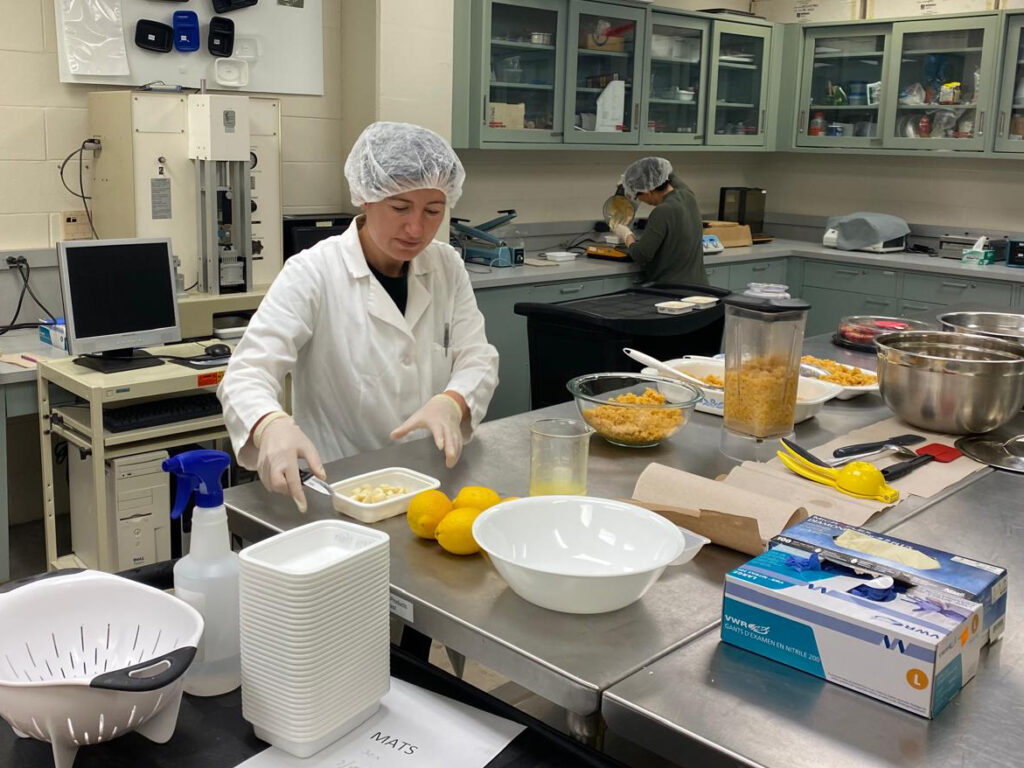A person wearing a lab coat, hair net, and gloves works making hummus from various ingredients on a table. The table is in a large lab environment, with equipment all around.