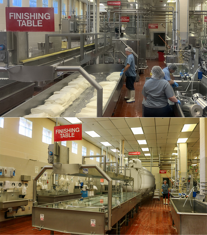 2 images in composite. The top is Large industrial room with several pieces of stainless steel equipment. Red signs hang from the ceiling labeling different things, including Cheesemaker, Finishing Table, and Computer Panel. Under the Finishing Table sign is a large steel bin full of blocks of white cheese. 3 workers wearing gloves and hair nets are visible.
The bottom image also shows a large industrial room with several pieces of stainless steel equipment. Red signs hang from the ceiling labeling different things, including Cheesemaker, Finishing Table, and Computer Panel. The cheesemaker is horizontal and longer, while the finishing table is deeper and larger.