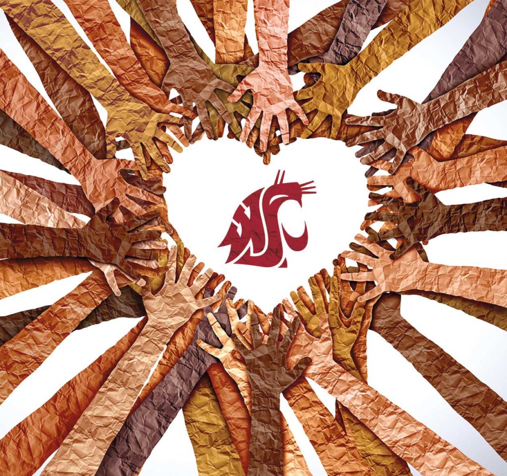 Hands creating a heart reaching for a Coug head logo.