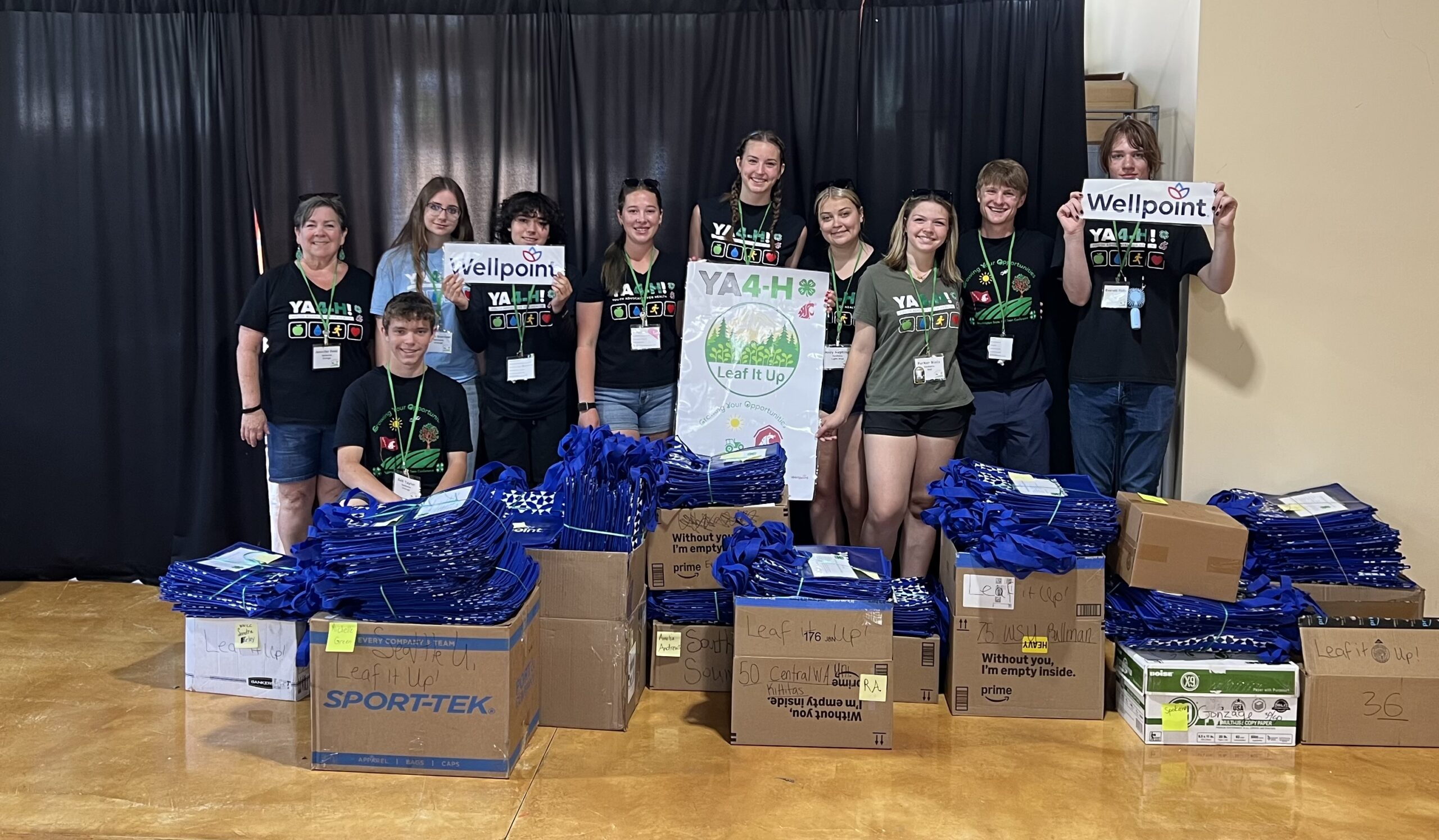 A group of teens and adults pose together in front of stacked boxes and blue tote bags at the Washington State 4-H Teen Conference. They hold signs that read "Wellpoint" and display a large poster for the "Leaf It Up" service project. Everyone is smiling and wearing name tags and 4-H or conference T-shirts.