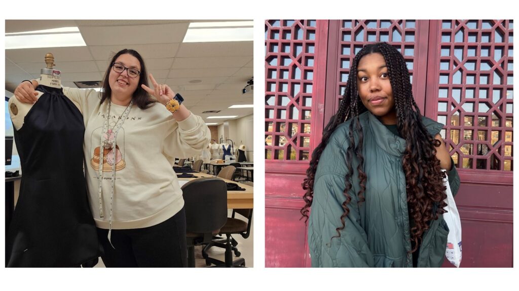 Composite photo. Image on left shows Kiah Conway posing with her arm around a mannequin with a dress on it while doing the peace sign with her fingers. Around her neck is a measuring tape. Right photo shows Alizee Hargrove standing in front of a red wood background with patterning in front of a mirror on the top half.