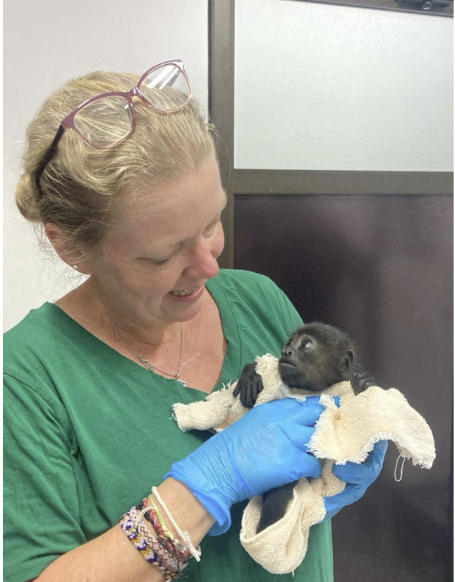 A woman holds a monkey in her arms while smiling and looking down at it.