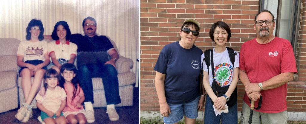 2 images combined. On the left, a family portrait in a living room. On the right, 3 people stand together smiling.