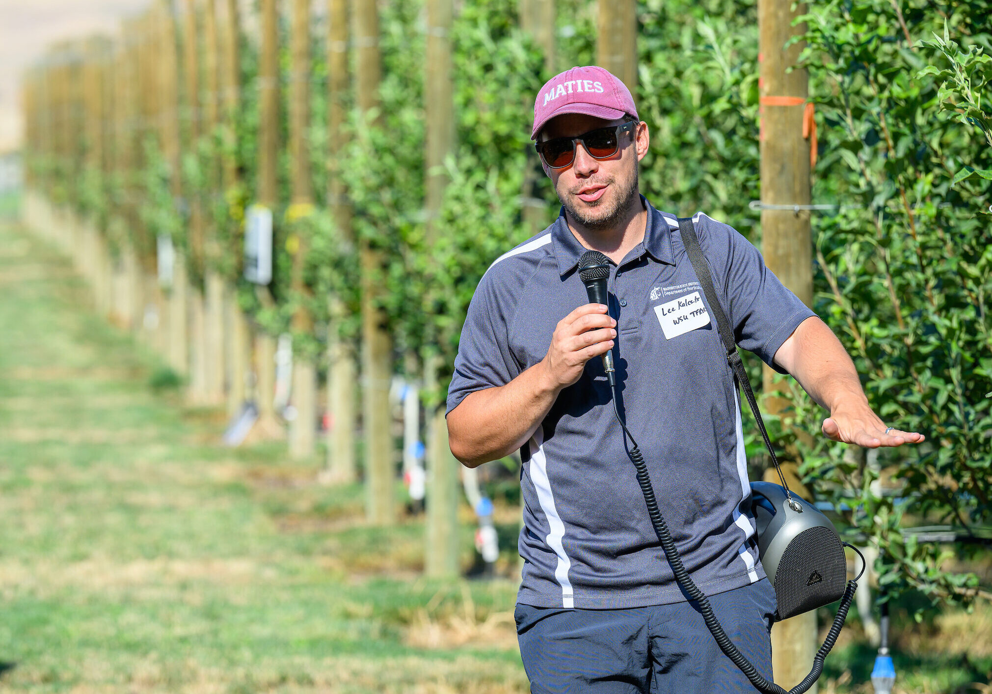 Kalcsits speaks at Wenatchee research station orchard, holding microphone.