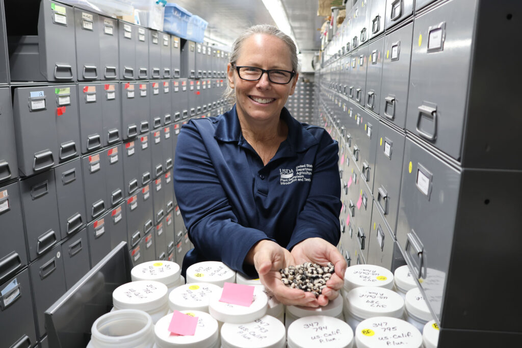 Taylor, standing, holding a handful of beans atop a drawer of plastic jars in a row of metal cabinets.