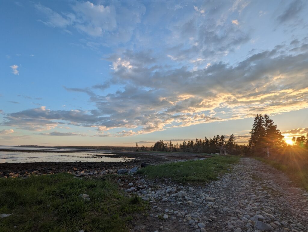 A view of a rocky, wooded coast with sky, sun on horizon