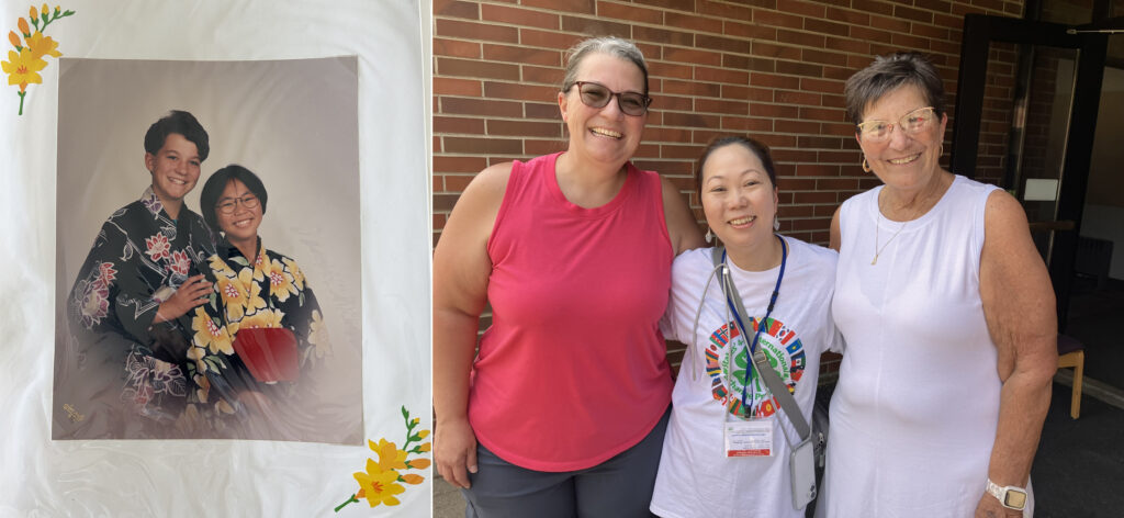 2 images combined. On the left, 2 teens wear kimonos. On the right, 3 people stand with their arms around each other.