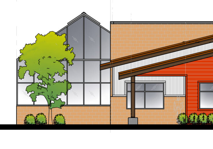 Detail from an end view of the new Plant Growth Facility, showing greenhouses and red and gray building with windows.