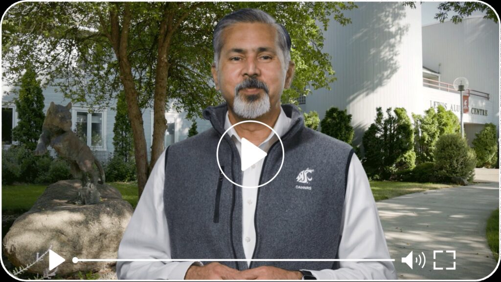 Video play button still showing CAHNRS Dean Raj Khosla, in a gray vest and white shirt, in front of a large white building and Cougar statue.