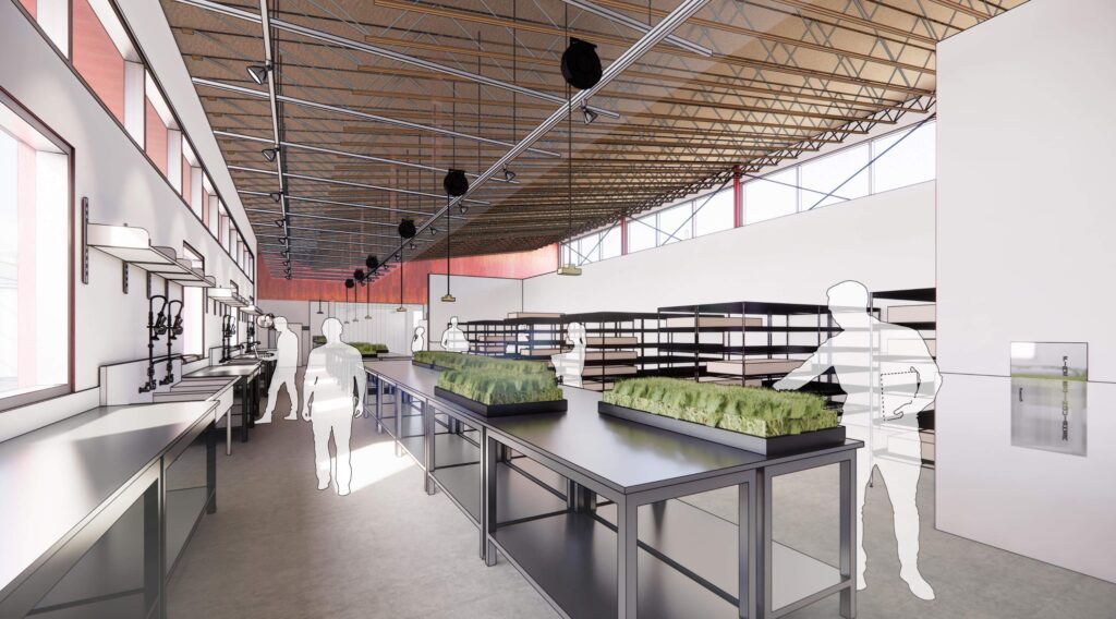 Architect's illustration of the interior of a potting room in a research facility, with shelves, worktables, faucets, and plants; human silhouettes work in the space.