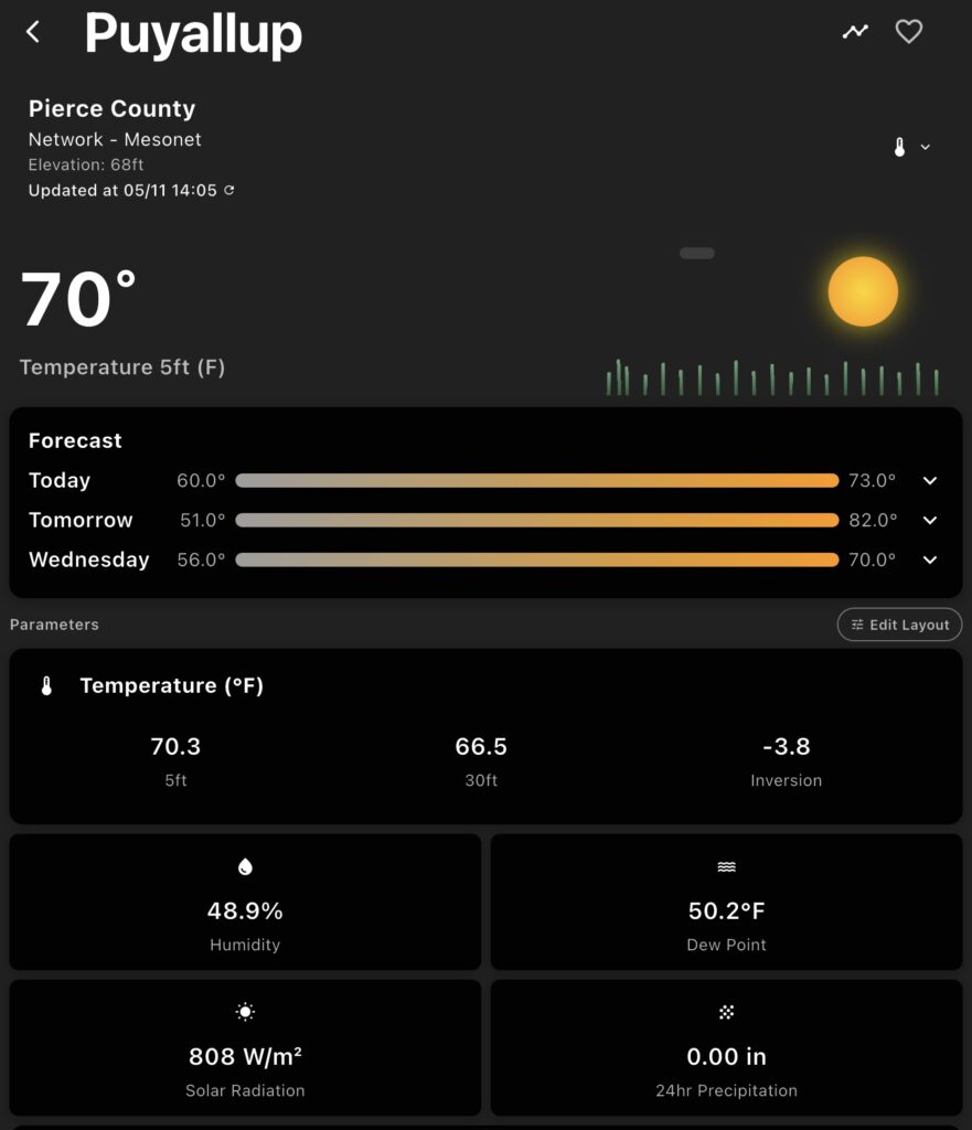 Screen shot of new app. Data includes:
Puyallup, Pierce County. Elevation 68 feet. Updated 5/11 at 14:05.
70 degrees at 5 feet.
Forecast:
Today: Low 60, high 73.
Tomorrow: Low 51, high 82.
Wednesday: Low 56, high 70.
