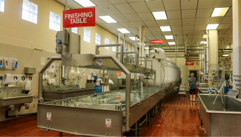 Large industrial room with several pieces of stainless steel equipment. Red signs hang from the ceiling labeling different things, including Cheesemaker, Finishing Table, and Computer Panel. The cheesemaker is horizontal and longer, while the finishing table is deep and large.