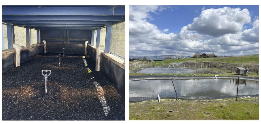 Two pictures side by side. The left photo shows a large, covered container of what looks like dirt, with several plastic and metal pipes coming out of it. The right photo shows two ponds of water surrounded by fences and small, grassy hills. A building stands on a hill in the background.