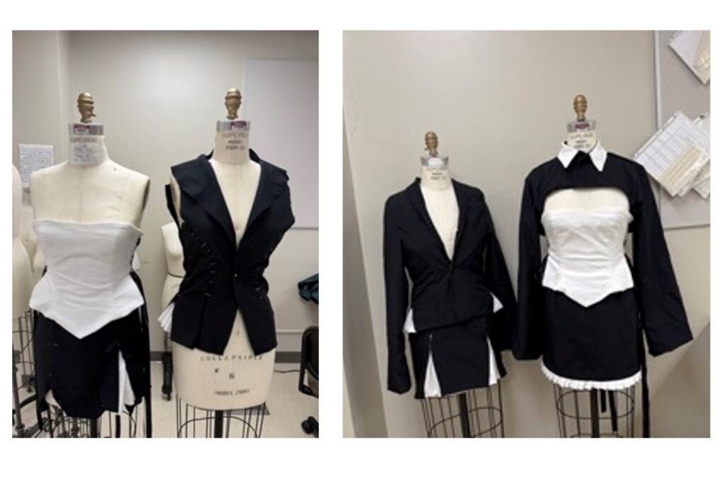 Two photos next to each other. Both photos show two outfits on mannequins. The left photo shows a mannequin with a strapless, white top and a black and white mini skirt and a second mannequin with a black vest. The right photo shows a longsleeve black top with a deep V-neck and a black and white mini skirt on one mannequin and a strapless white top and ruffled mini skirt on the second mannequin. The strapless white top also has a black cape around the shoulders, and a white collar at the neckline.