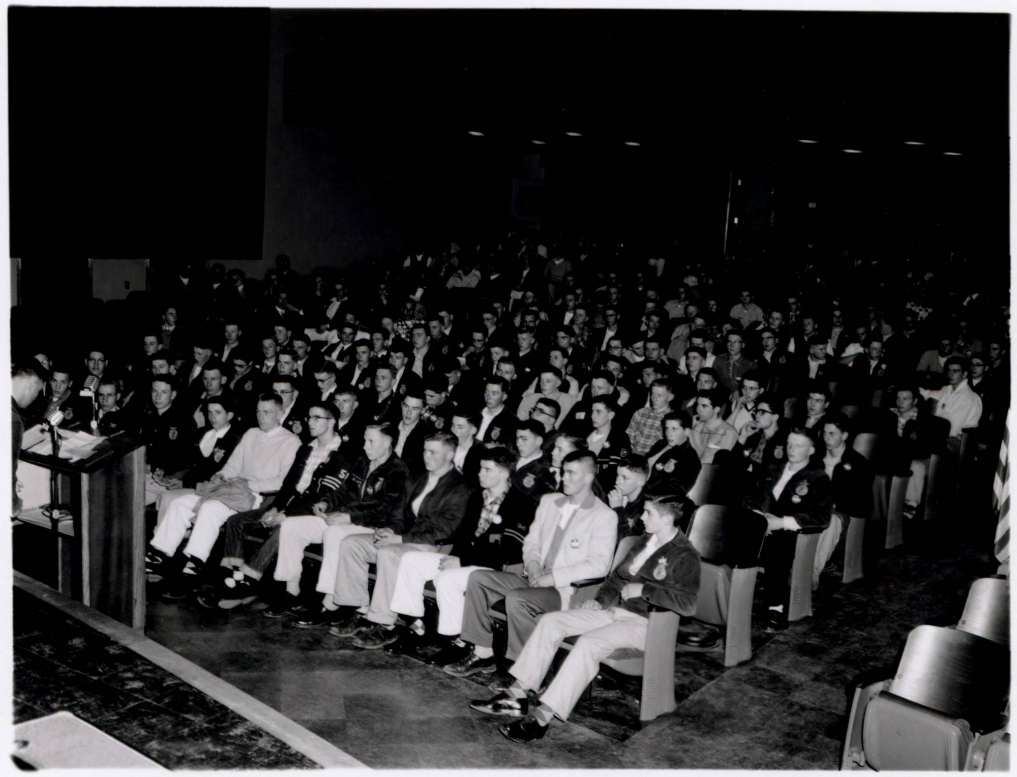 Several hundred high school Future Farmers of America members listen to a speaker in the WSU Bryan Hall auditorium 1955.