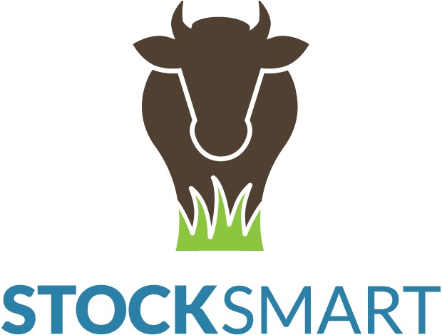 Illustrated logo of a front view of a cow standing in a patch of grass. Words below read “STOCKSMART.”
