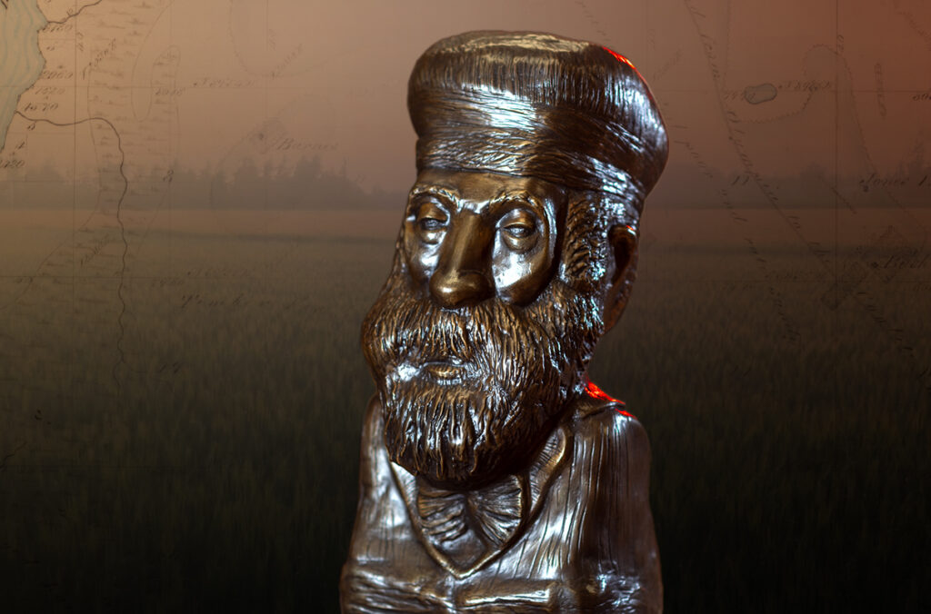 Composite of bronze bust, wheat and map