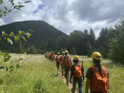 A line of youth in personal protective equipment follow a single track trail through a meadow.