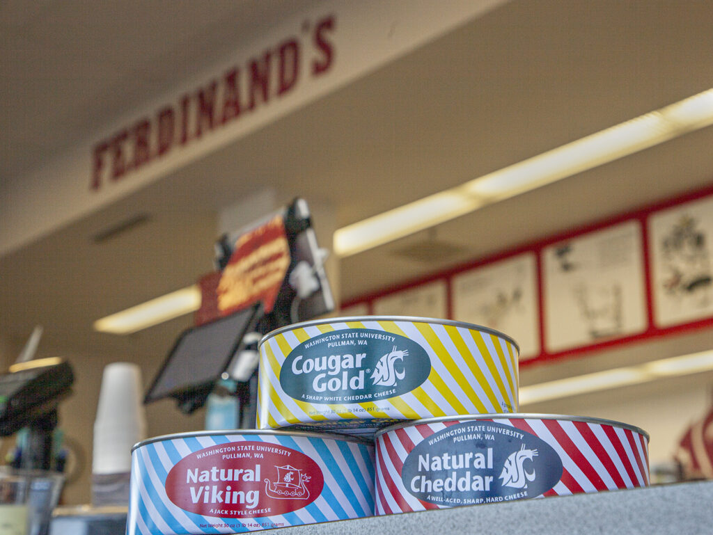3 cans of WSU cheese on a counter. One is Cougar Gold, one is Natural Viking, one is Natural Cheddar. Out of focus in the background the name Ferdinand's is visible above the cans.