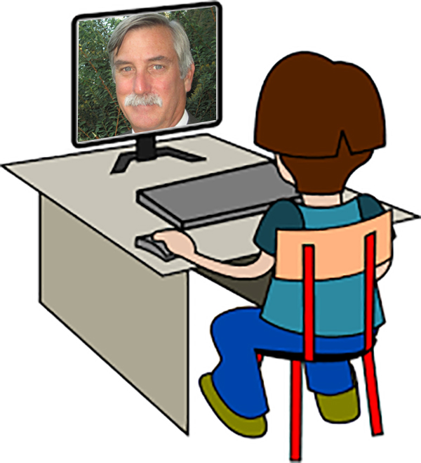 Cartoon person sitting in front of computer with professor on screen.