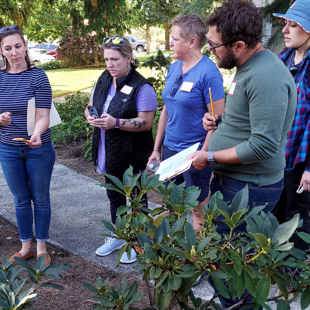 Five people with name tags looking at plants and taking notes.