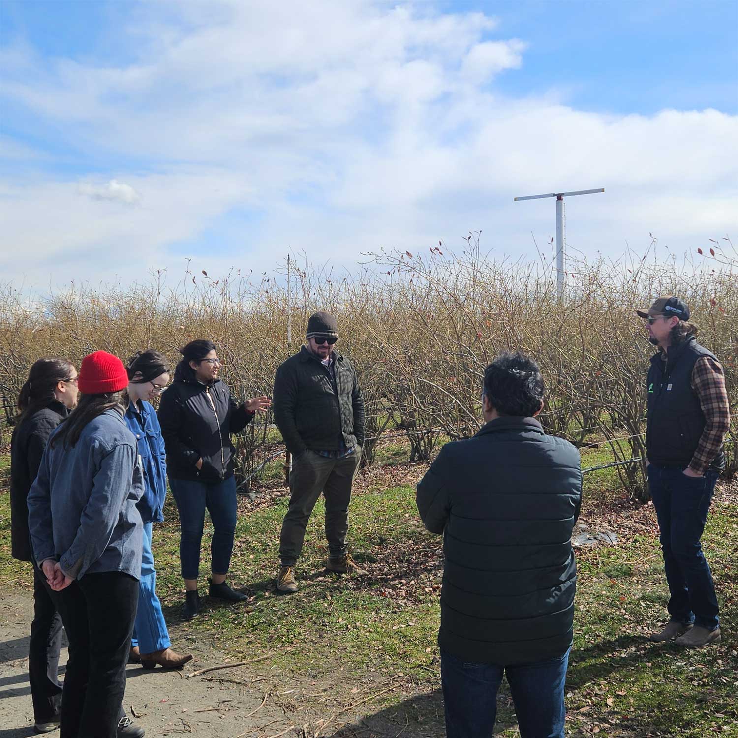 Seven people in hats and jackets standing in a wintery field.